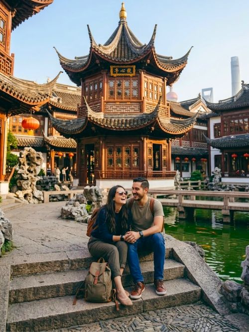 Pareja de turistas, disfrutando de su viaje por China