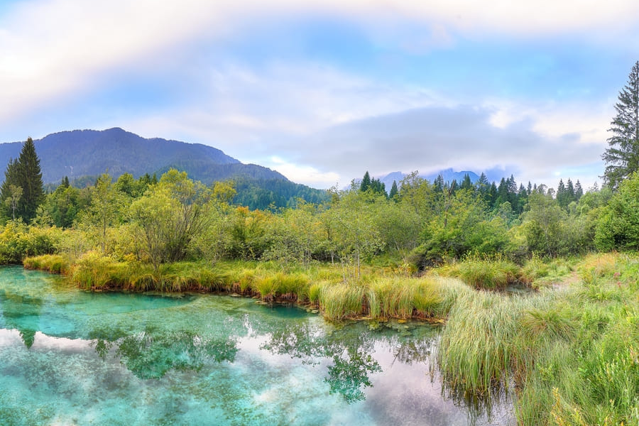 Un lago natural de aguas cristalinas de un tono turquesa vibrante,